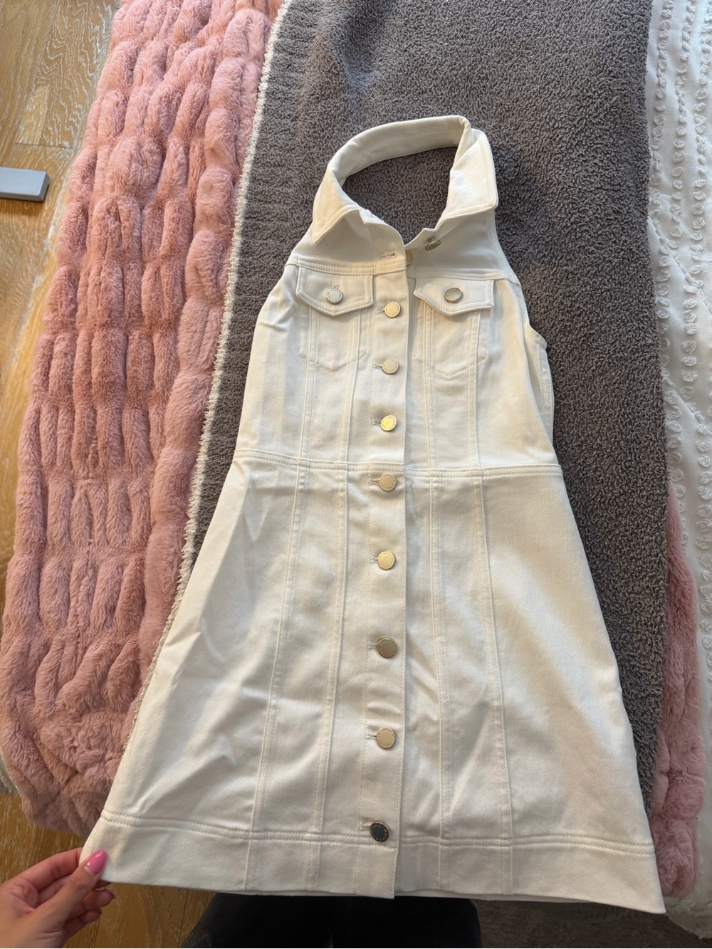 Alice + Olivia White Button-Front Halter Denim Dress